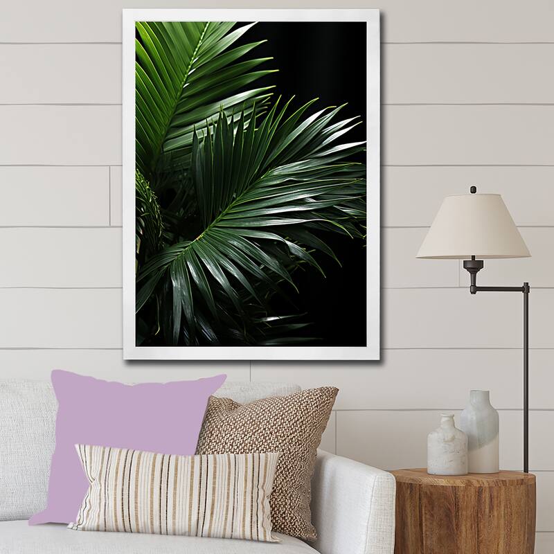Designart "Palm Leaves Serenity II" Palms & Palm Trees Framed Wall Decor - 24 in. wide x 32 in. high - White