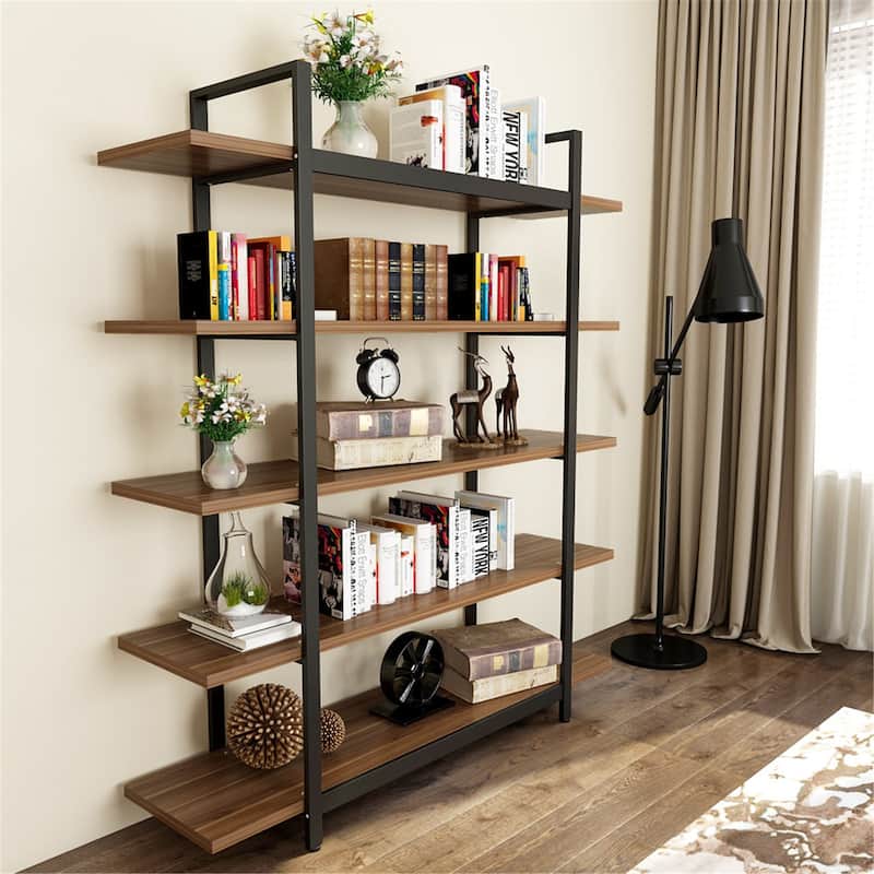 Brown Vintage Industrial 5-Tier Etagere Bookcase, White/ Gold Modern Display Bookshelf