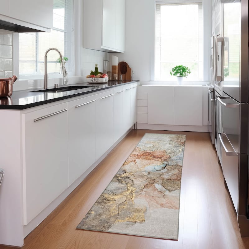 Machine Washable Indoor/ Outdoor Abstract Chantille Rug - Beige - 2'3" x 7'6"