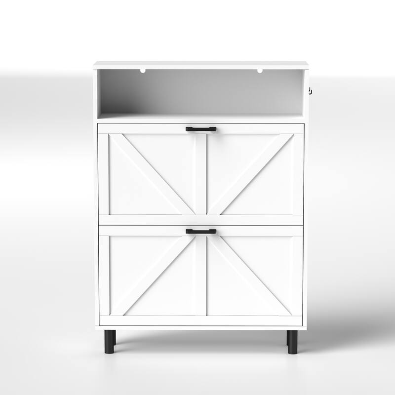 Shoe Storage Cabinet with Barn Door, Freestanding Wooden Shoe Organizer, Shoe Rack with 2 Flip Drawers & Adjustable Shelves