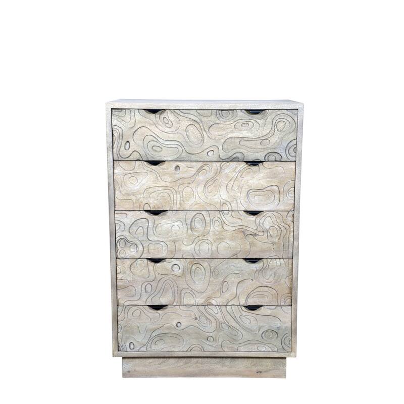 Solid Wood Carved Bedroom Chest with 5 Drawers - Grey