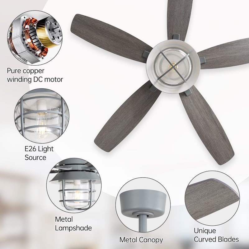 52-Inch Cement Grey Ceiling Fan With E26 Light,Glass Lampshade,5 Plywood Blades,Noiseless DC Motor,6 Wind Speed