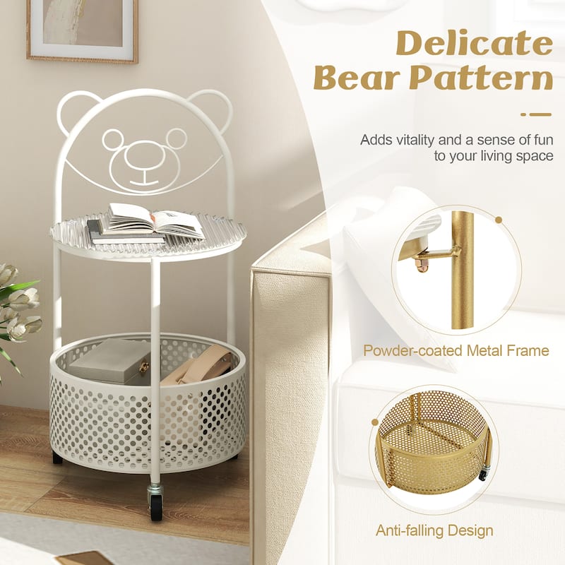 Gymax 2-Tier Mobile Glass Coffee Table w/ Bear Pattern Storage Basket