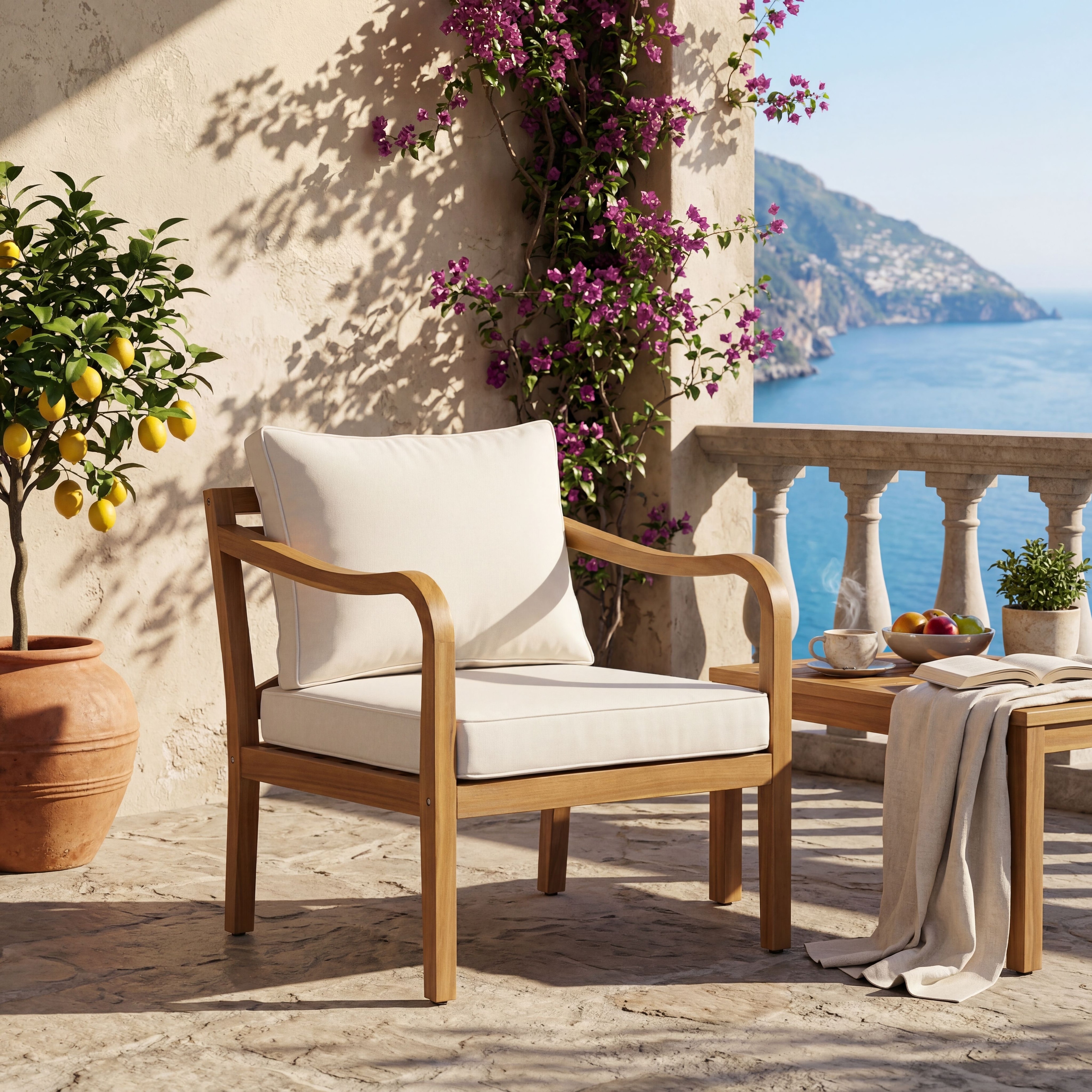 Acacia Wood Patio Club Chair with Deep Seat and Soft Cushion for Outdoor Use