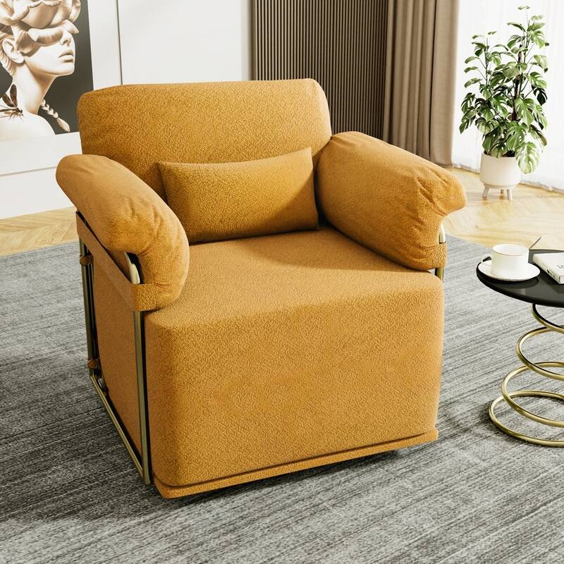 360 Degree Barrel Swivel Fluffy Fabric Lounge Wide Upholstered Reading Chair with Gold Metal Legs