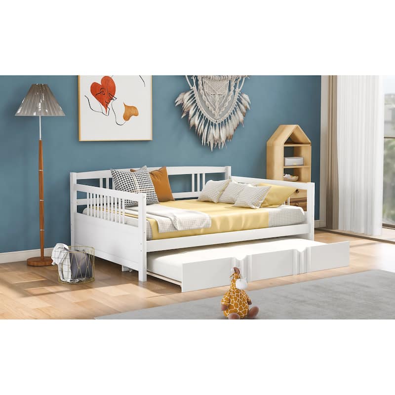 Full Size Daybed Wood Bed with Twin Size Trundle, White