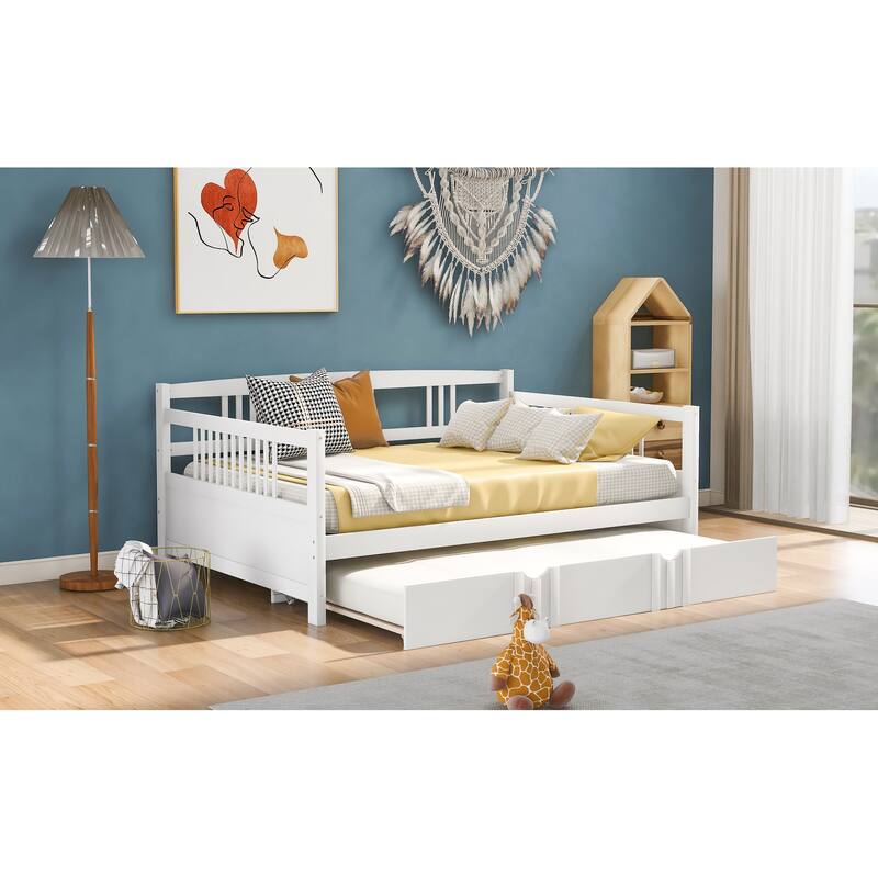 White Full Size Daybed with Twin Trundle, Solid Pine Wood Frame, Multi-Functional Furniture