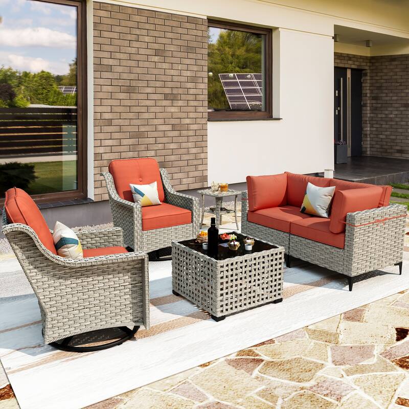 OVIOS 6 Pieces Outdoor Wicker Swivel Chair Set With Solar-Powered Coffee Table - Pit Orange/Red