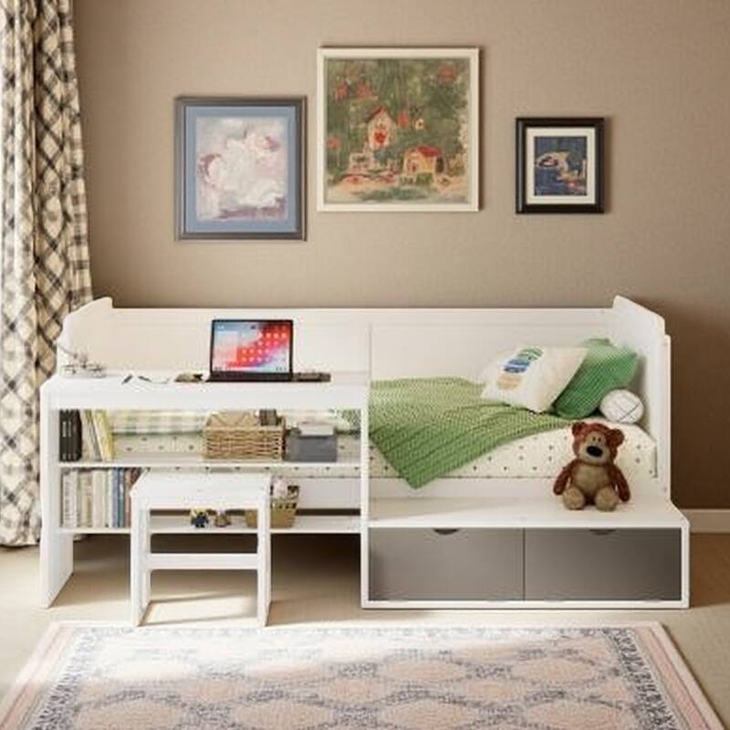 Twin Size Daybed with Built-In Desk, Shelves, Lockers & Matching Stool, Multifunctional Wood Bed Frame in Natural Finish - White