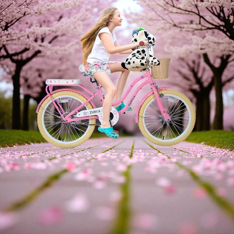 Girls 20 Inch Bike with Basket, Steel Frame, Front & Rear Brakes, For Kids Ages 7-10, No Training Wheels