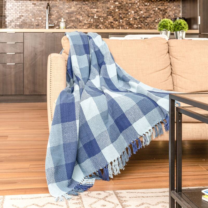 Fabstyles Herringbone Checkered Cotton Throw Blanket with Fringes