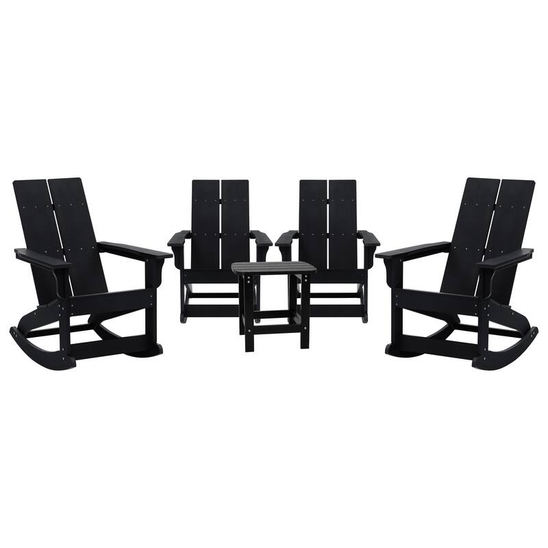 2 Modern Dual Slat Poly Resin Adirondack Rocking Chairs with Side Table