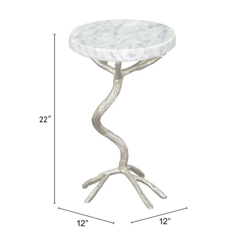 22" Modern Round Silver and White Marble Top Side End Table with Tree Stump Base for Living Room - 12”L x 12”W x 22”H