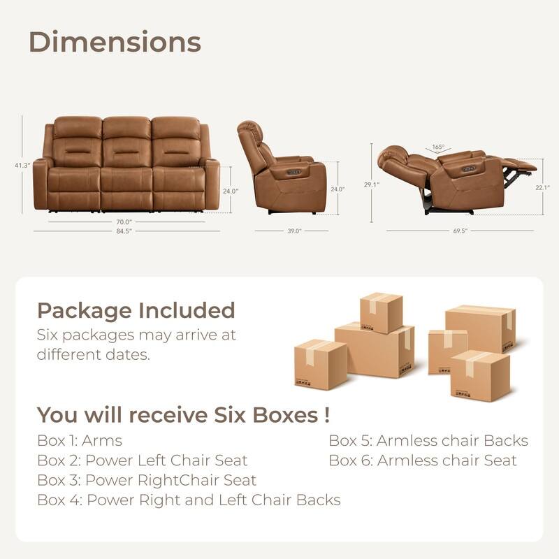 Spruce & Spring Genuine Leather Power Reclining Sofa with Wireless Charging