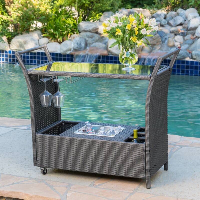 Bahama Outdoor Wicker Bar Cart with Tempered Glass Top by Christopher Knight Home - Grey