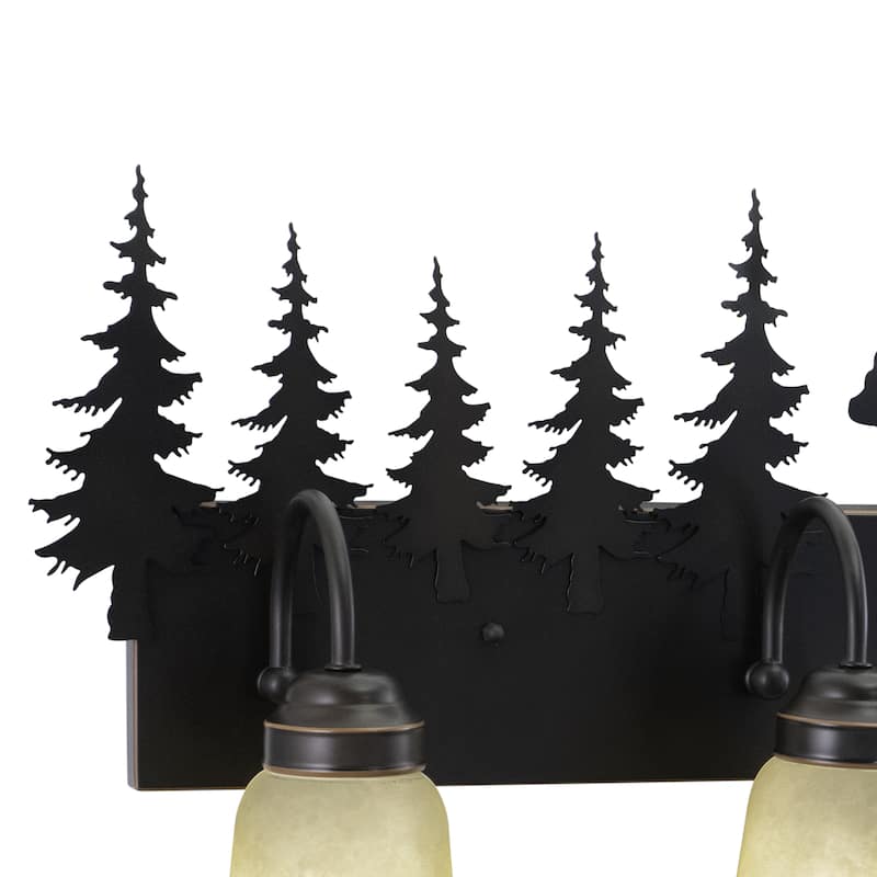 Bozeman 4-Light 33 in. W Burnished Bronze Rustic Cabin Bathroom Vanity Lighting Fixture, Amber Flake Glass Shade, Bear and Trees