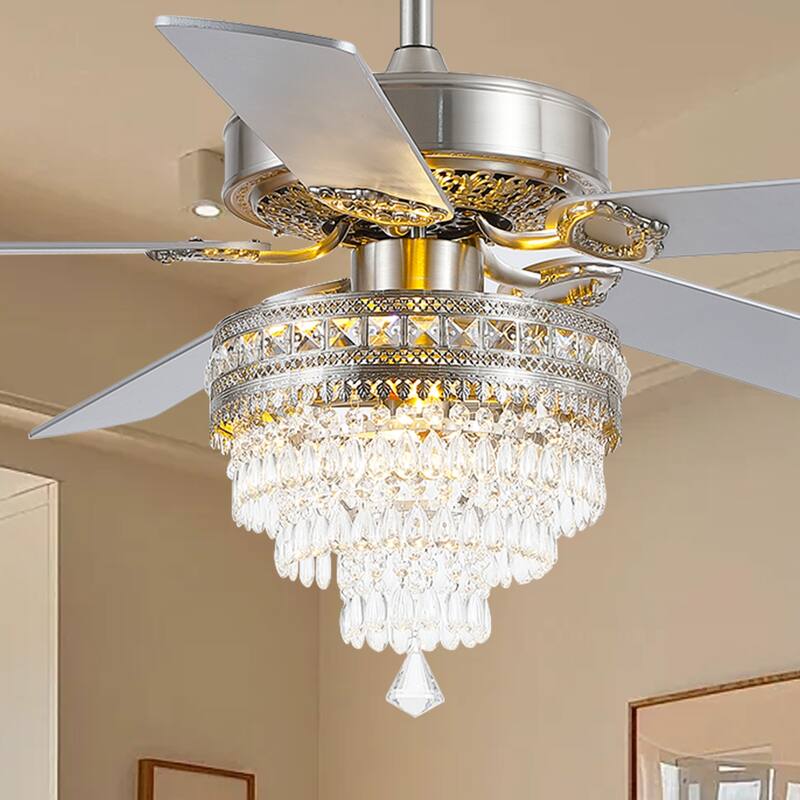 52 Inches Crystal Ceiling Fan Light,APP and Remote Control,5 Dual Side Plywood Blades,Reversible AC Motor - 52 Inches