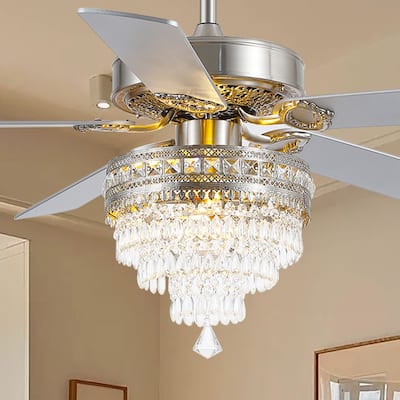 52 Inches Crystal Ceiling Fan Light,APP and Remote Control,5 Dual Side Plywood Blades,Reversible AC Motor - 52 Inches