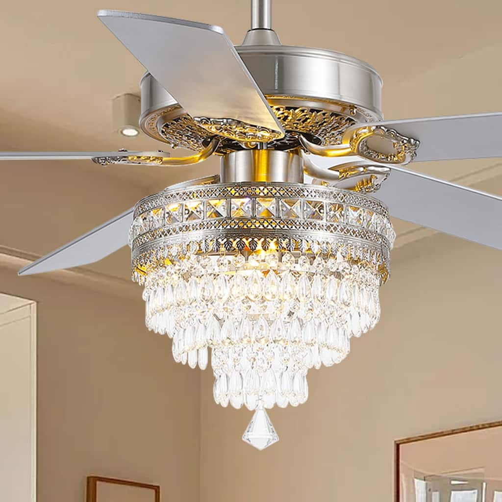 52 Inches Crystal Ceiling Fan Light,APP and Remote Control,5 Dual Side Plywood Blades,Reversible AC Motor - 52 Inches