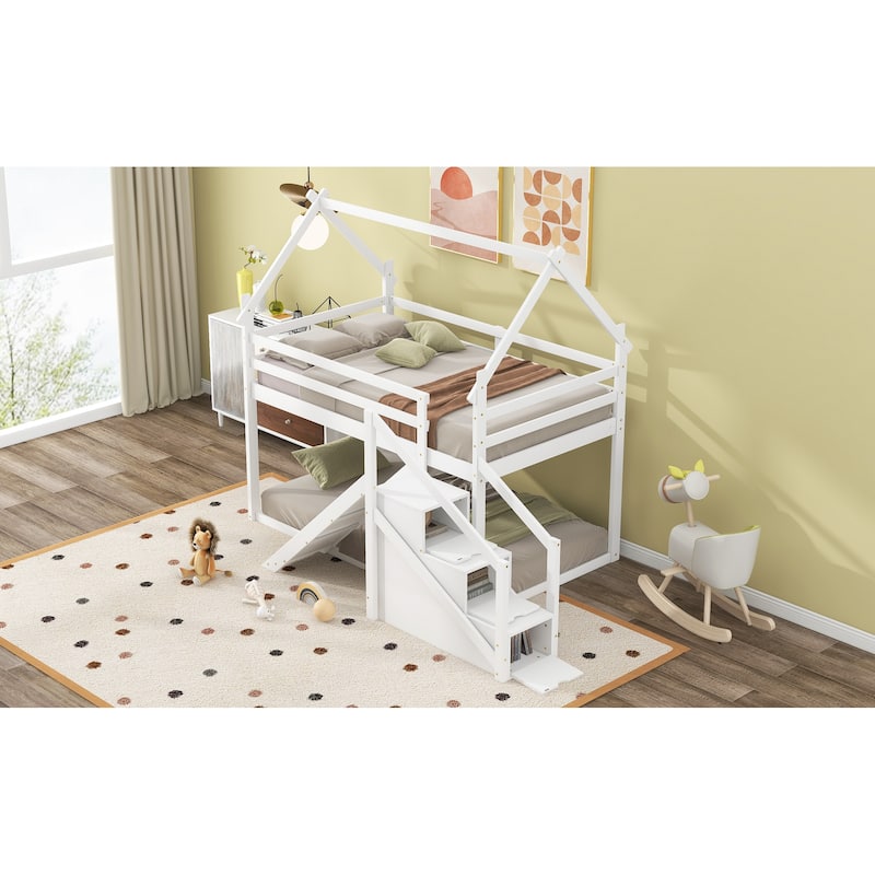 Twin over Twin House Loft or Bunk Bed with Slide and Staircase, Natural