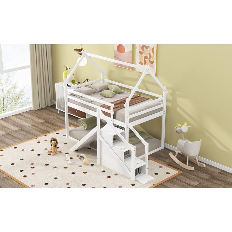 White Twin over Twin House Loft Bunk Bed with Slide, Staircase and Storage