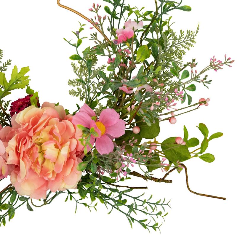 Bunny and Peony Mixed Floral Wall Hanging Easter Decoration - 16" - Pink