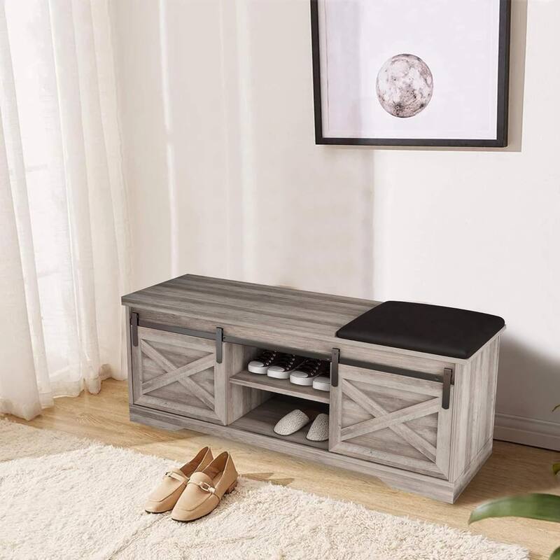 Grey Farmhouse Bench Entryway with Cushion Cabinets