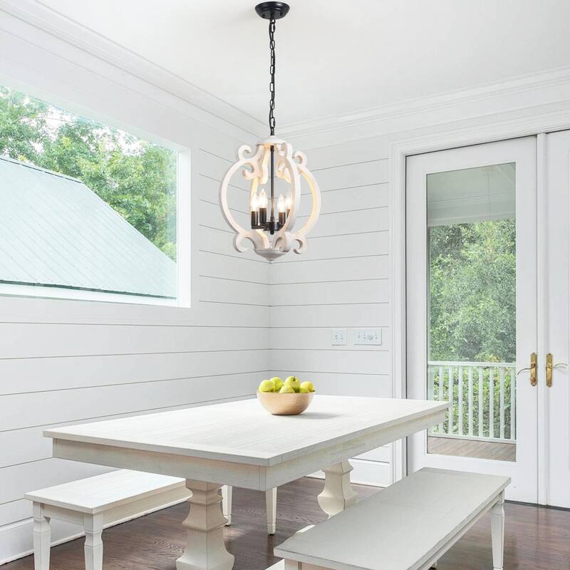 4-Light Antique Wood French Country Chandelier Vintage Pendant for Dining Room