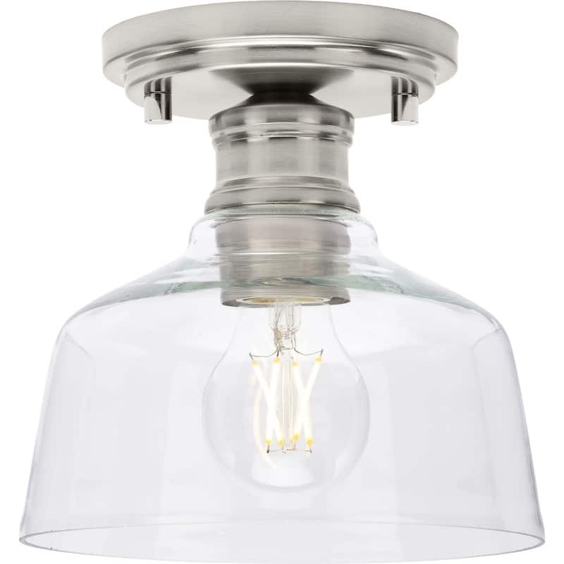 Singleton Collection 1-Light 7.62 in. Brushed Nickel Small Semi-Flush Mount Light with Clear Glass Shade - Medium