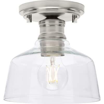 Singleton Collection 1-Light 7.62 in. Brushed Nickel Small Semi-Flush Mount Light with Clear Glass Shade - Medium