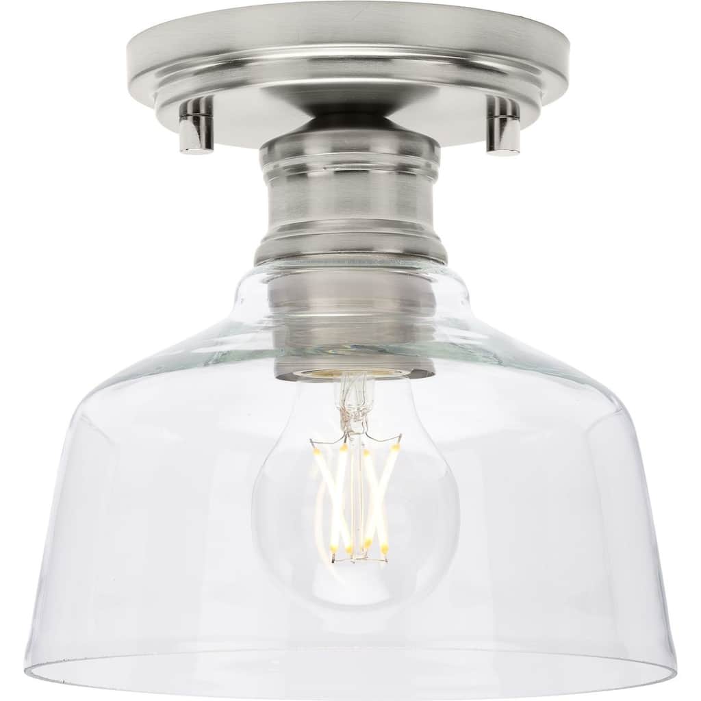Singleton Collection 1-Light 7.62 in. Brushed Nickel Small Semi-Flush Mount Light with Clear Glass Shade - Medium