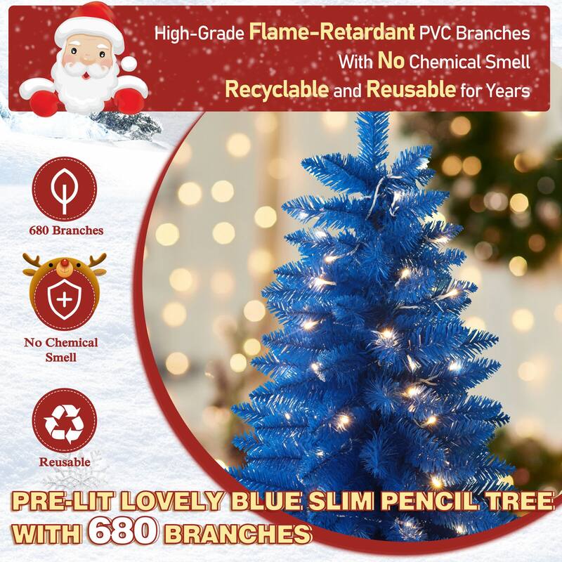 VEIKOUS Pre-Lit Artificial Christmas Tree Pencil Snow with Foldable Iron Stand with LED lights, 5.5/6.5/7.5 ft