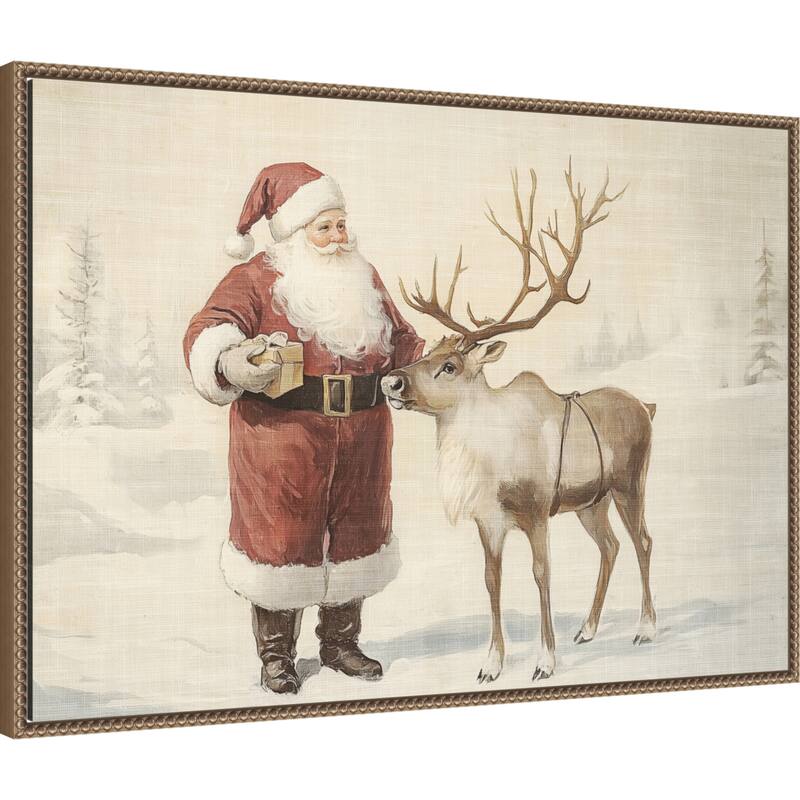 Santa Claus with Reindeer in Winter Wonderland by Melloi Art Prints Framed Canvas Wall Art Print - Sylvie Beaded Dark Gold