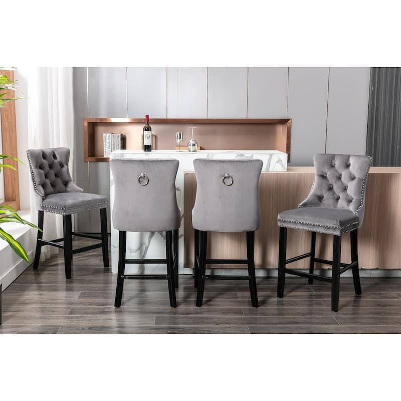 Velvet Bar Chairs Set of 2, Counter Height Bar Stools with Button Decor and Nailhead Trim, Dining Room Chairs with Back