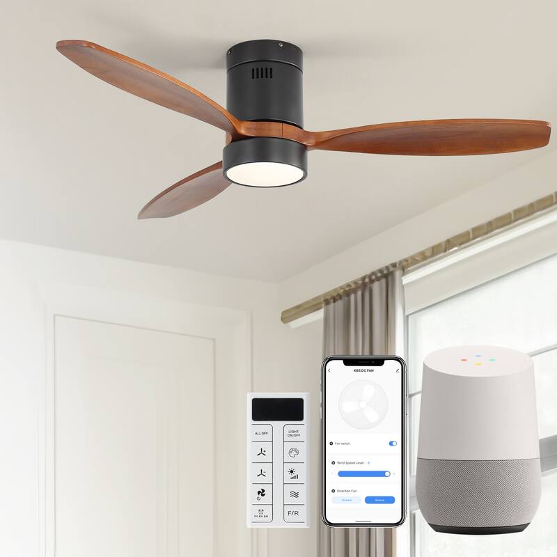 Sofucor 52inch Solid Wood Ceiling Fan with Lights and Remote,Flush Mount Quiet Reversible DC Motor,Smart Control Optional - Smart-With Light - Black with Walnut Blades