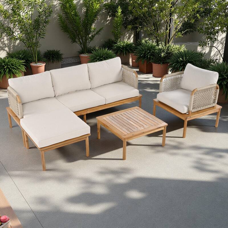 4-Piece Outdoor Patio L-Shaped Acacia Wood Rope Weave Sectional Sofa Set with Coffee Table,Armchair, and Ottoman - Beige+Natural