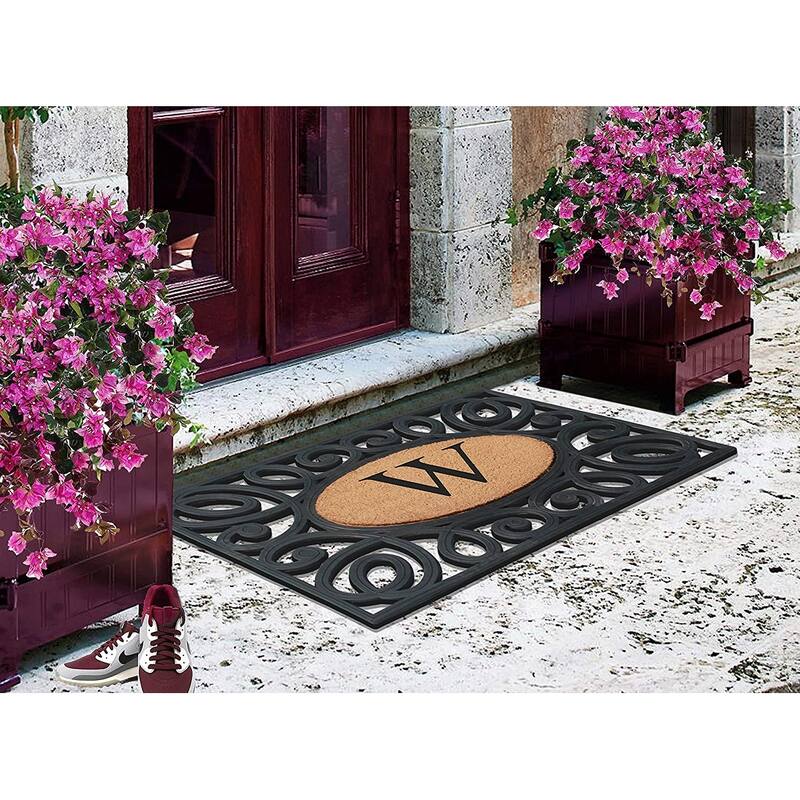 A1HC Rubber and Coir Elegant Circles, Monogrammed Double Door Doormat, Black/Beige - 23"X38"