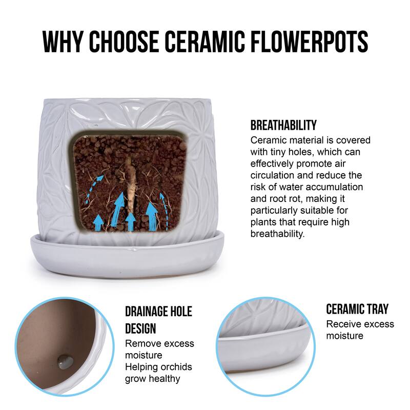 Set of 2 Handmade Modern Embossed Leaf Ceramic Planters with Saucers