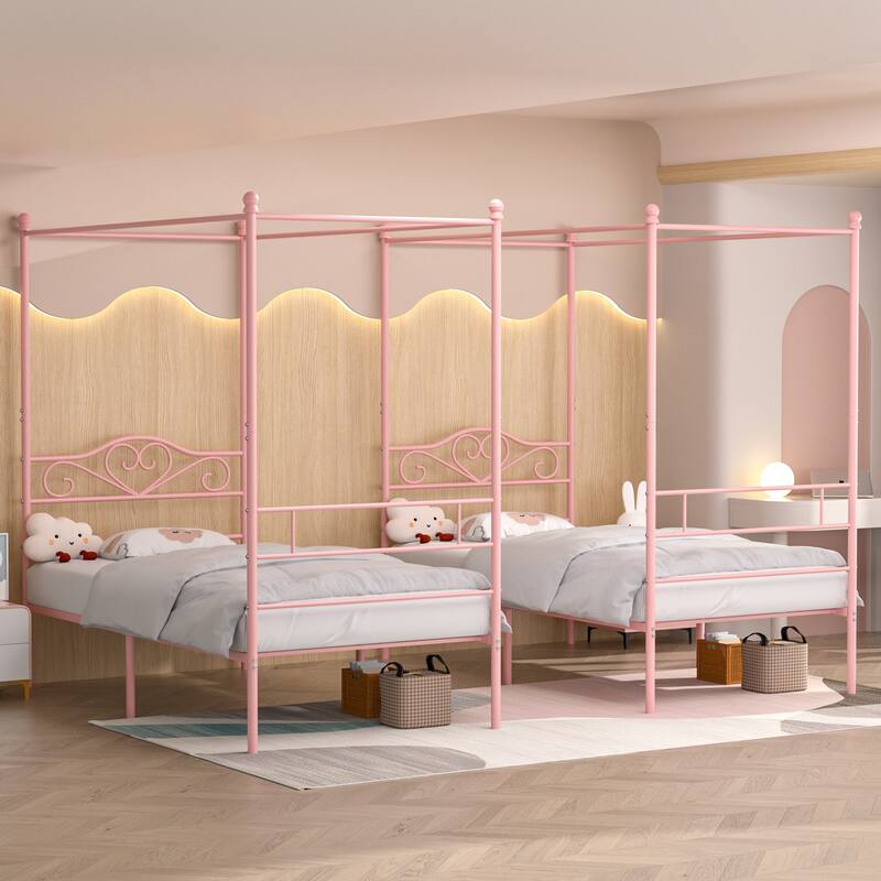 VECELO Twin Bed Set of 2 Canopy Bed Frame with Headboard and Footboard, Metal Four Posters Design