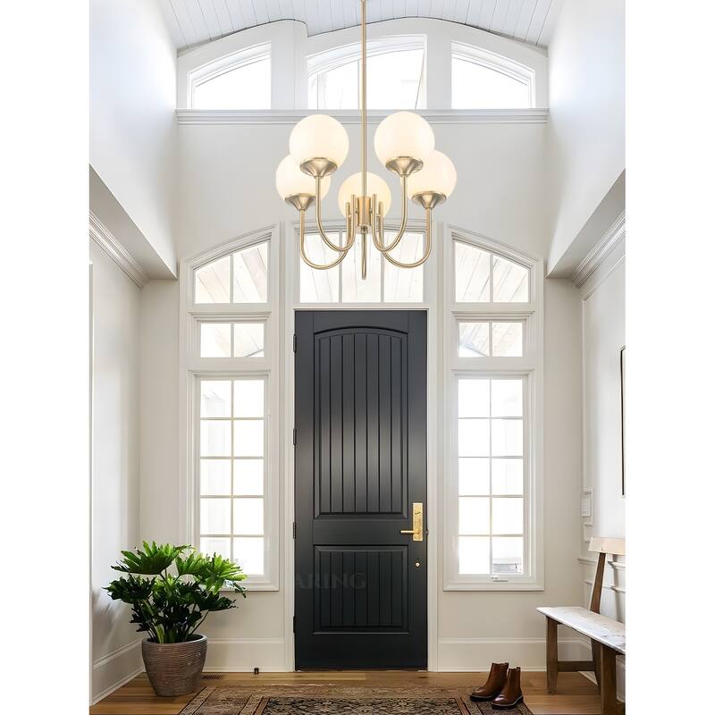 5 Light Gold Globe White Milk Glass Chandelier - 19.6 inch