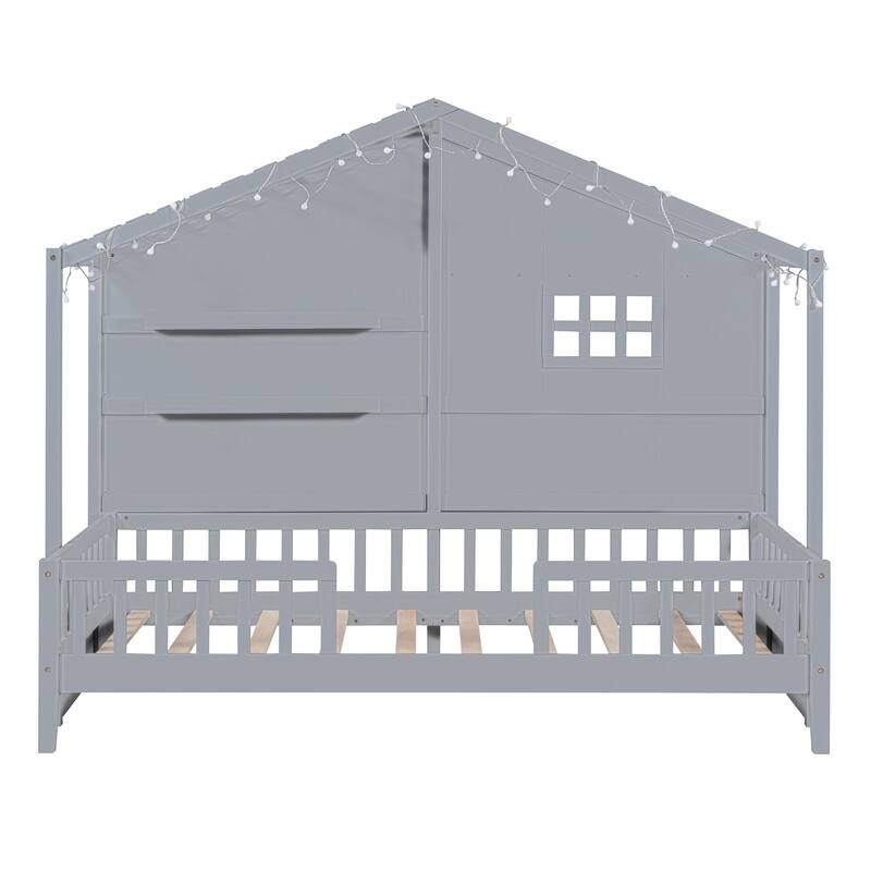 Twin Size House Bed with Shelves and Window, Wood Slatted Frame Platform Bed with Sparkling Light Strip on the Roof Design