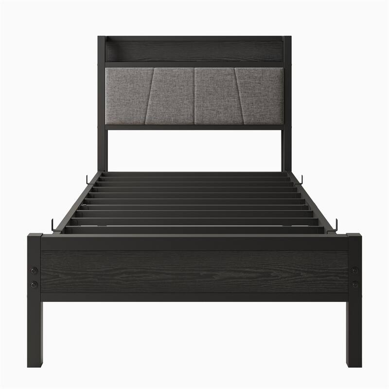 Twin Size Bed Frame, Storage Headboard with Charging Station