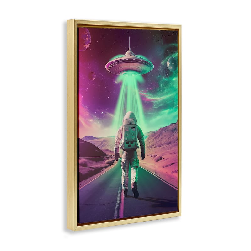 Stupell Astronaut Walking Toward UFO Framed Floater Canvas Wall Art Design By Wumples