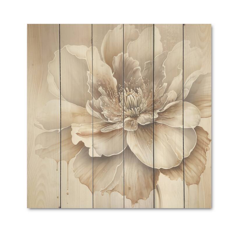 Designart 'Blooming Beige Floral Design II' Floral Wood Wall Art - Natural Pine Wood