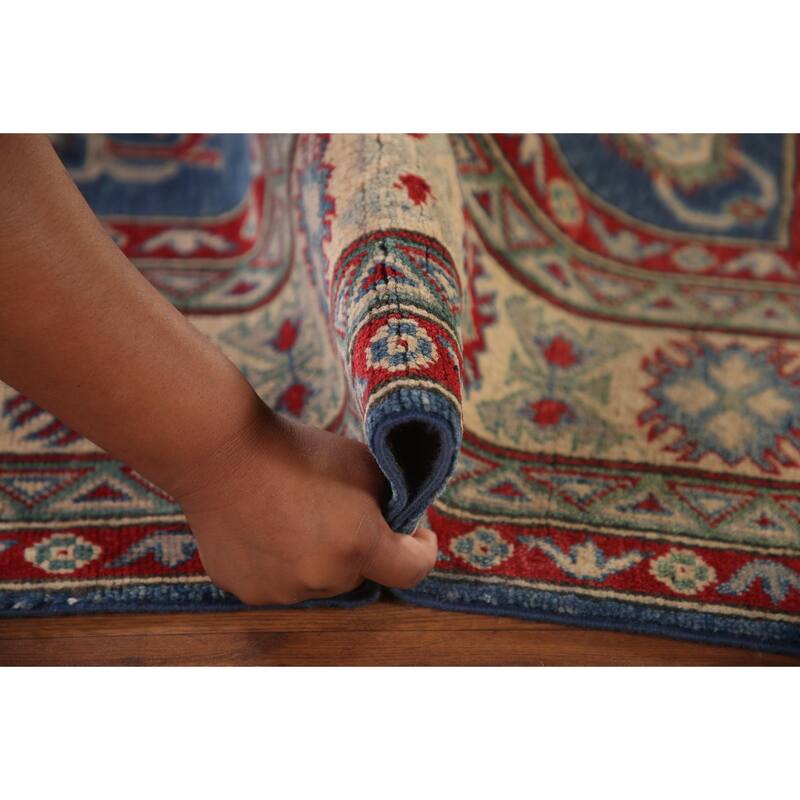Geometric Kazak Area Rug Hand-Knotted Blue Wool Carpet - 6'7" x 9'8"