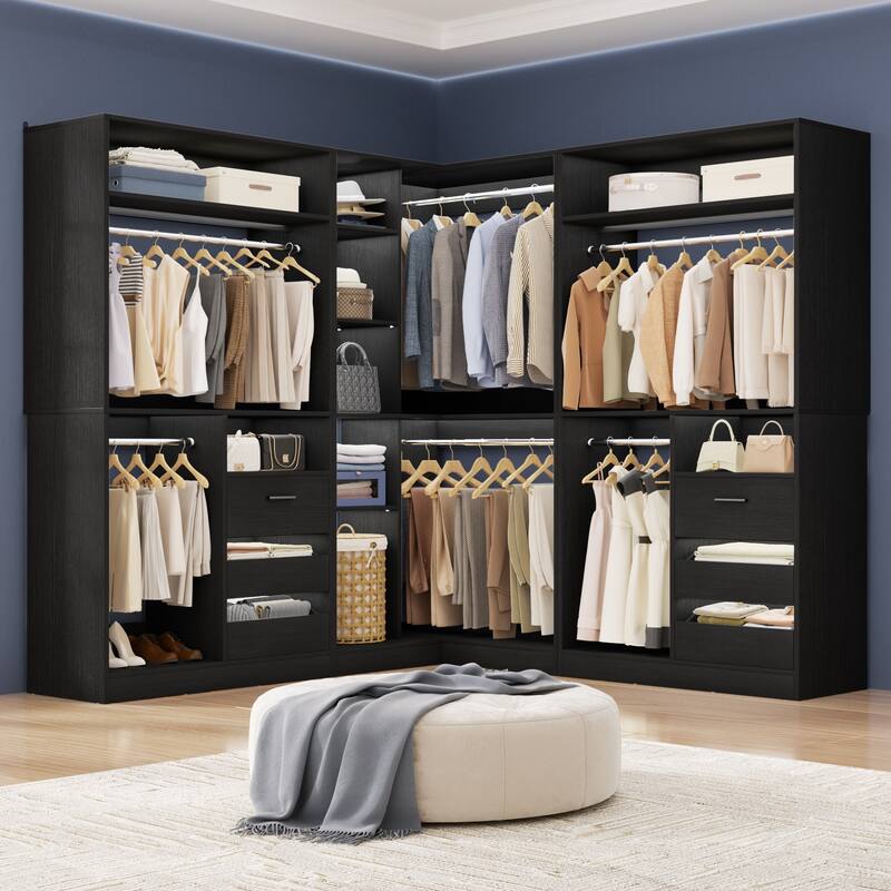 Qvella Corner Closet System with 6 Wooden Drawers and 6 Hanging Rods, Closet Organizer Wardrobe for Walk-in/Reach-in Closet - Black