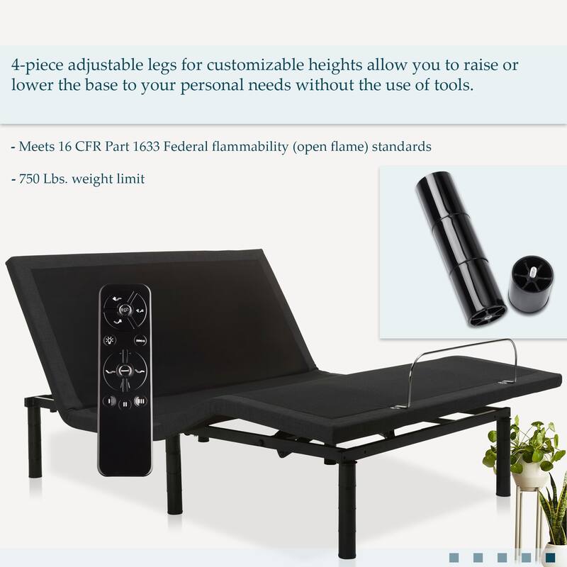 15" Adjustable bed base With Wall hugger Technology, Zero gravity, Head-foot incline, USB port, Massage System, Wireless remote