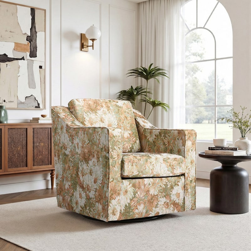 Patterned Linen Swivel Armchair Floral Accent Chair for Living Room - Sand Blooms