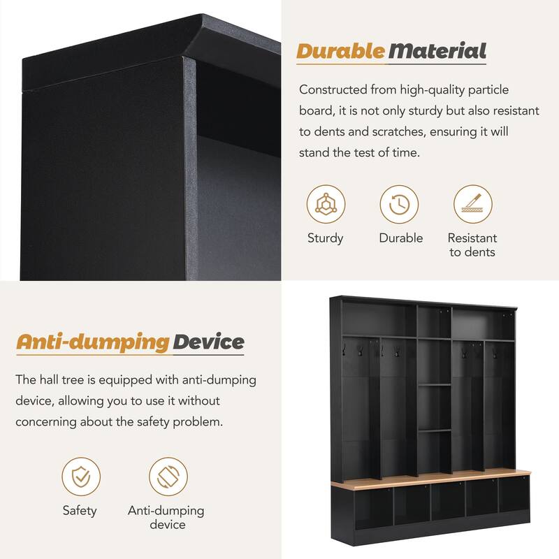 Large Hall Tree Coat Rack with Storage Bench, Modern Shoe Cabinet with Cube Storage & Shelves for Entryways, Mudroom