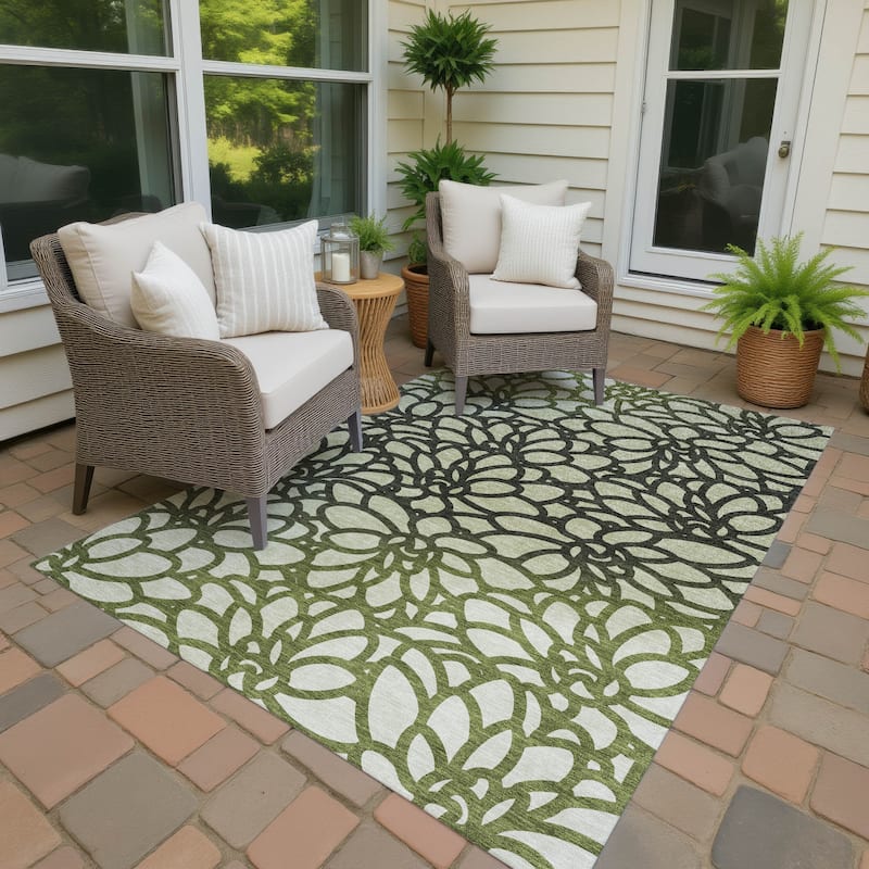 Machine Washable Indoor/ Outdoor Floral Craze Chantille Rug - Aloe - 9' x 12'